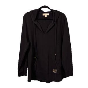 MK MICHAEL KORS Hoodie Jacket Women's 1X Plus V-Neck Pullover Cotton Blend Black